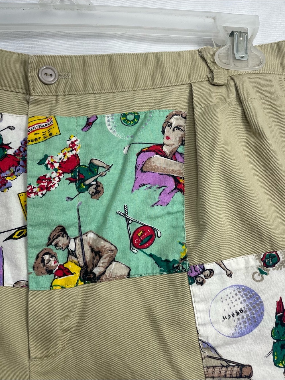 PatchIt Golf Print Patchwork Khaki Cotton Shorts Size Large Funky Retro - Picture 11 of 14